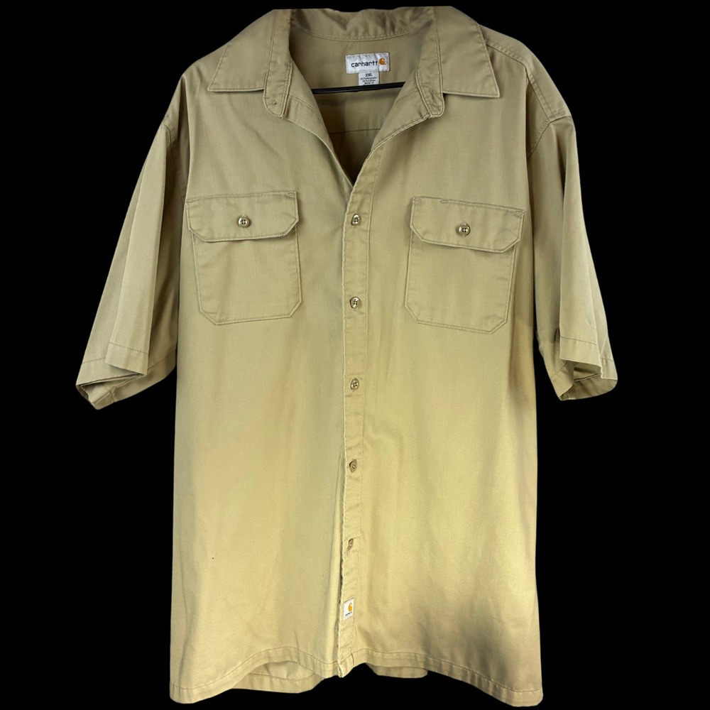 Carhartt Mens 2XL Khaki Work Shirt Short Sleeve Button Up Utility Workwear